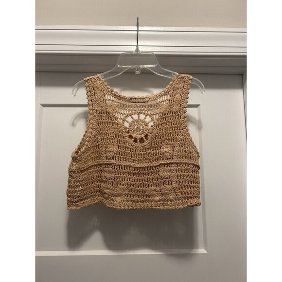 Julia By Love Beige Crochet Cropped Vest Shirt Tank Size Small Fairy Cottage - Picture 4 of 6